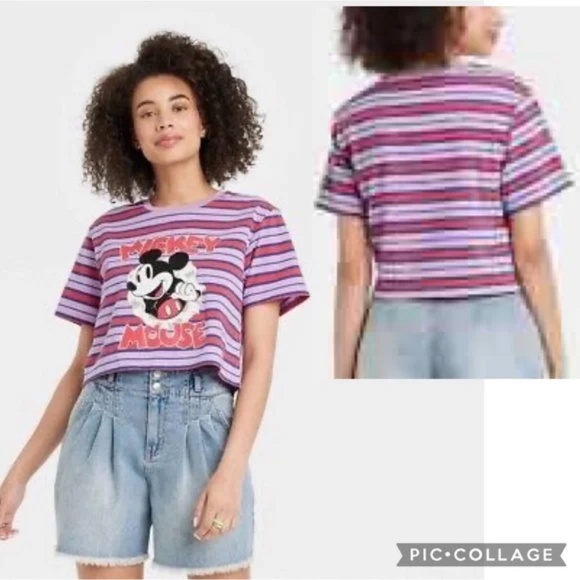 Disney Mickey Mouse Classic Striped Graphic Cropped T-Shirt Purple/Red Size XS - Picture 1 of 6
